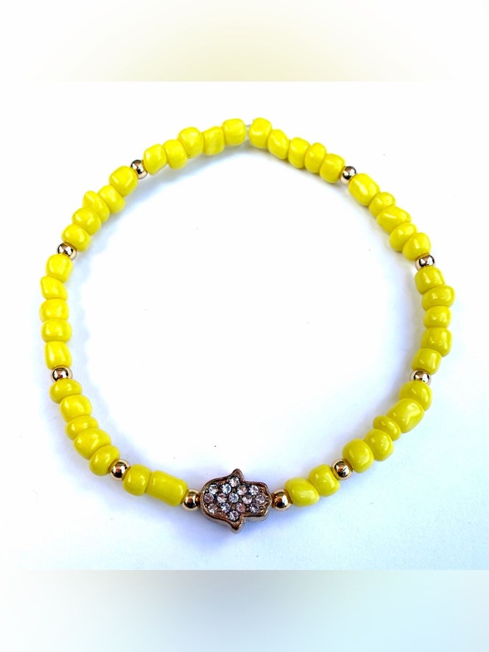 5 of Gold Metal Hamsa Evil Eye Good Luck Charm Yellow Seed Beaded Bracelets